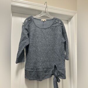 Cute grey super comfy blouse size small with gems on sleeve and tie on waist